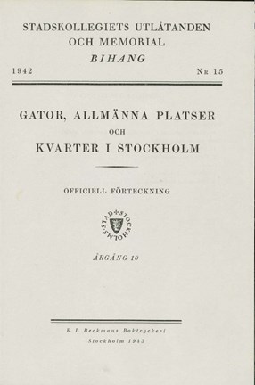 Framsida till Bihang 15, Stadskollegiets utlåtanden och memorial år 1942