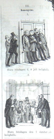 Expositions-minnen III. Konseqvens. Bildskämt om Stockholmsutställningens 1866 i Söndags-Nisse – Illustreradt Veckoblad för Skämt, Humor och Satir, nr 42, den 14 oktober 1866