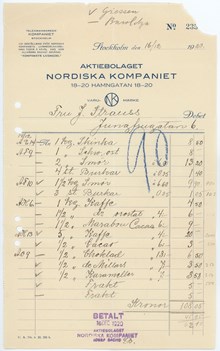Kvitto från Nordiska kompaniet som den judiska societetskvinnan Irene Strauss sparade