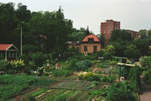 Gröndal. Stora Fågelsången från 1700-talets mitt och punkthus i rött tegel uppförda på 1950-talet av Olle Engkvist.