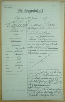 Arbetskarlen Frans Gustafsson, 41, häktad för förseelse mot 12 § lösdrifvarlagen 29 juni 1887 - polisförhör