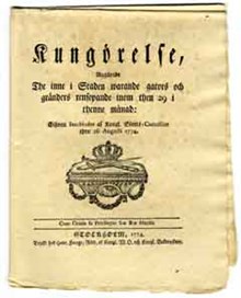 Kungörelse, angående the inne i staden warande gators och gränders rensopande inom den 29 i thenne månad: Gifwen Stockholm af Kongl. Slotts-cancelliet then 26 augusti 1774