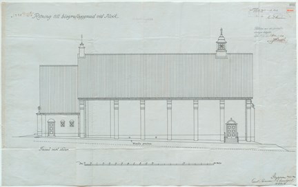 Fasad mot söder och Gustavslundsvägen. Utformningen påminner om en liten äldre kyrka, med en lägre entrédel och salongen i en långhus. Byggnaden har sadeltak och två små fönster i den lägre delen. Fasaderna är odekorerade med strävpelare. 