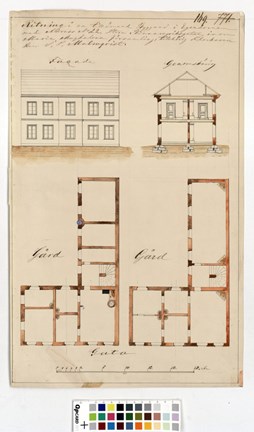 Ritning på gulnat papper med fasad i tusch ovan till höger, genomskärning i tusch och detaljer i akvarell till vänster samt planer i tusch och akvarell nedan.