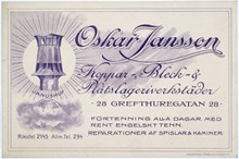Reklamtryck. Oskar Jansson. Koppar- Bleck & Plåtslageriverkstäder