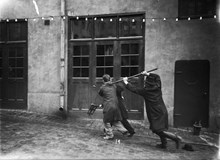 Johannes brandstation vid Brandkårens 50-årsjubileum 1925. Uppvisning med äldre tiders brandsax.