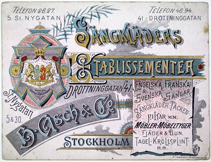 Reklamkort med text och vapen i gult, rött, blått, lila och svart.