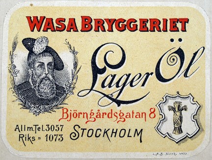 tryckt öletikett i gult, rött och svart med bilder och text