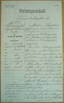 Änkan Augusta Maria Blomquist, 44, varnad för lösdriveri 21 november 1890 - polisförhör