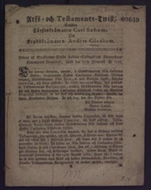 Arfs- och testaments-twist, emellan lärftskrämaren Carl Saebom, och kryddkrämaren Anders Gladhem.