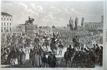 Den sista ståndsriksdagens afblåsning på Gustaf Adolfs torg. Litografi i Ny Illustrerad Tidning, nr 25 den 23 juni 1866