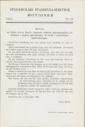 Motion angående nedsatta spårvagnsavgifter till stadens badinrättningar 1953