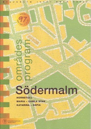 Framsida områdesprogrammet med grön och svart text mot förenklad design av gatunät i grönt och gult