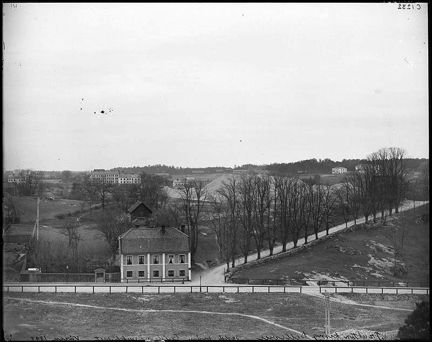 Ett hus sett från håll, med en gräsplan framför och ett allé av träd som fällt sina löv snett bortåt