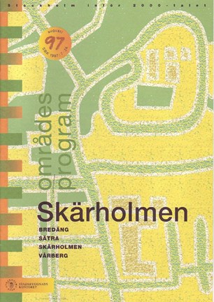 Framsida områdesprogrammet med grön och svart text mot förenklad design av gatunät i grönt och gult