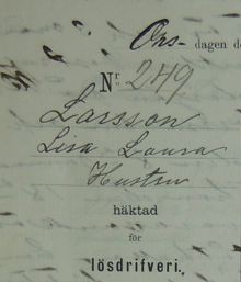 Hustru Lisa Laura Larsson, 45, häktad för lösdriveri 16 juni 1886 - förhörsprotokoll