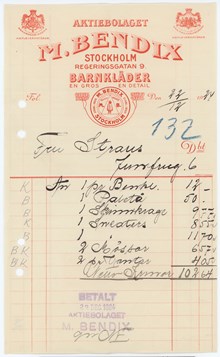 Kvitto från M.Bendix barnkläder som den judiska societetskvinnan Irene Strauss sparade