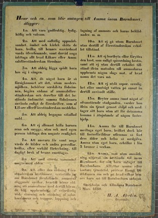 Regler för ammor vid Allmänna barnhuset år 1860