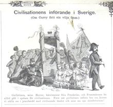 Civilisationens införande i Sverige. (Om Curry fått sin vilja fram). Bildskämt om Curry Treffenberg i Söndags-Nisse – Illustreradt Veckoblad för Skämt, Humor och Satir, nr 13, den 1 april 1866