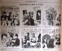 Aktialiteter af Stift & Comp. Bildskämt inför Stockholmsutställningen 1866 i. Litografi i Ny Illustrerad Tidning, nr 22 den 2 juni 1866