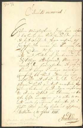 Anders Rödings skrivelse till Politikollegium 1710.
