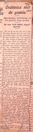 Tidningsurklipp om orätt fördelning av pengar till äldre behövande