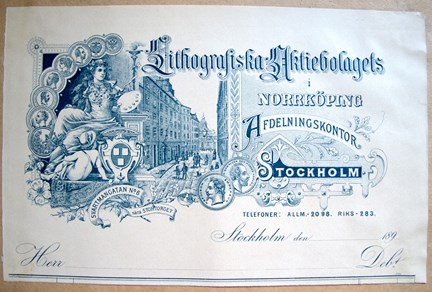 Fakturahuvud tryck i blått med bild på medaljer, kvinna, fasad och dekorationer samt text.