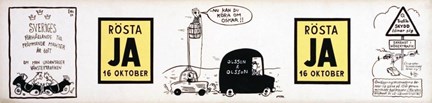 Tecknad bild av krockande bilar och texten Rösta JA 16 oktober i gula rutor.