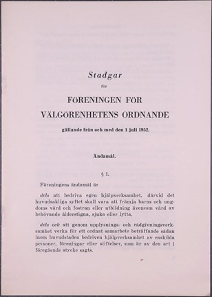 Tryckta stadgar för Föreningen för välgörenhetens ordnande (F.V.O.) 1952