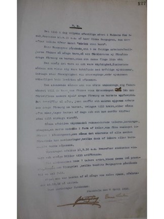 Polisrapport om Hinke Bergegrens tal "Kärlek utan barn" 1910.