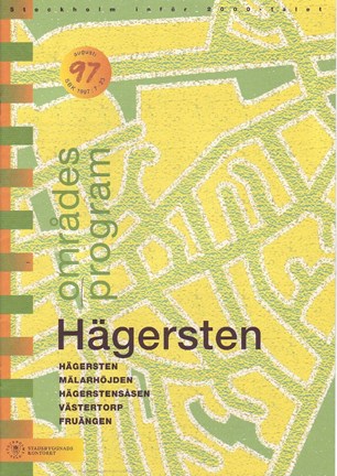 Framsida områdesprogrammet med grön och svart text mot förenklad design av gatunät i grönt och gult