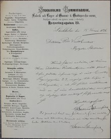 Stockholms gummifabrik anmäler anställd till polisen på brevpapper fullt med reklam 1876