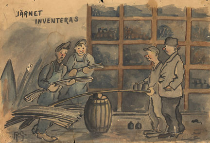 Teckning på varvspersonal som inventerar järn på Mälarvarvet 