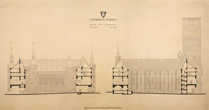 Ritning i stort format av stadshuset, sektion genom Borgargården mot väster och öster, i tusch på gulnat papper 