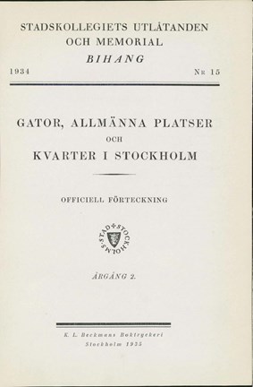 Den tryckta framsidan till bihang 15 år 1934 ur Stadskollegiets utlåtanden och memorial.