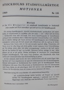 Motion angående framförande av önskemål från staden att Taxi anordnar speciell service för handikappade - Stadsfullmäktige 1969