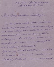 Kvinnors rösträtt - tackbrev till Carl Lindhagen från Ann Margret Holmgren 1917 
