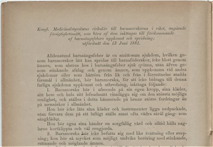 Försiktighetsåtgärder för rikets barnmorskor med anledning av barnsängsfeber, cirkulär från Medicinalstyrelsen 1881