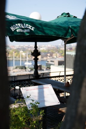 August Strindbergs skylt på Mosebacketerrassen.