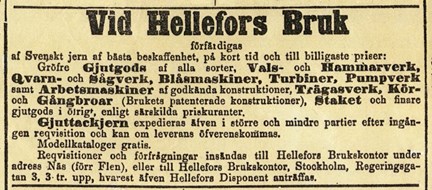 Svart text på gul bakgrund i form av en annons för Hellefors bruk. 