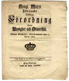 Kongl. maj:ts Förnyade nådige Förordning Emot Yppighet och Öfwerflöd. Gifwen Stockholm i Råd-Kammaren then 15 martii 1770.