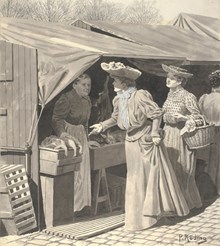Damer som handlar i ett stånd 1905