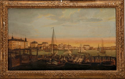 Skymning över Stockholm. Utsikt från Norra Fiskehamnen mot Makalös och adelspalatsen på Blasieholmen. 