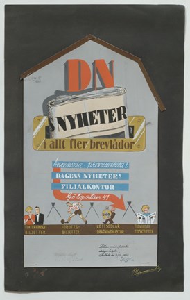 Målning med reklam i många färger. Arket är svart och husgaveln grå med reklambild i rött, vitt, svart, guld, blått och brunt.