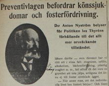 Preventivlagen befordrar könssjukdomar och fosterfördrivning - intervju med Dr Anton Nyström 1916