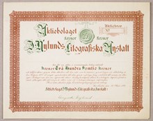 Aktiebrev. J. Nylunds Litografiska Anstalt