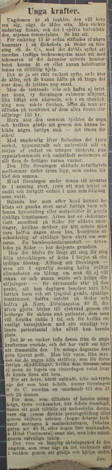 Föreningen Soeurs de Charité - tidningsnotis om ungdomars välgörenhetsarbete ca 1890