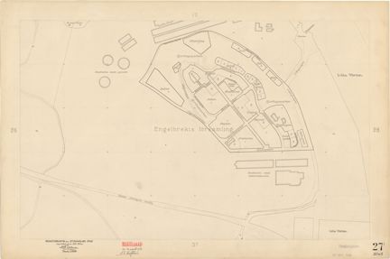 Kartan är ritad i tusch på papper som gulnat med tiden
