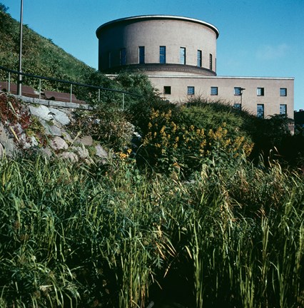 Biblioteket syns bakom en grönskande sluttning.