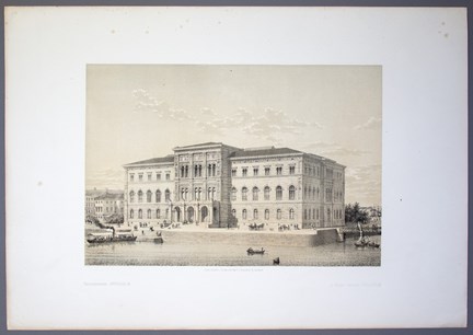 Konstblad tryckt i en eller två tonfärger utöver svart föreställande Nationalmuseum.